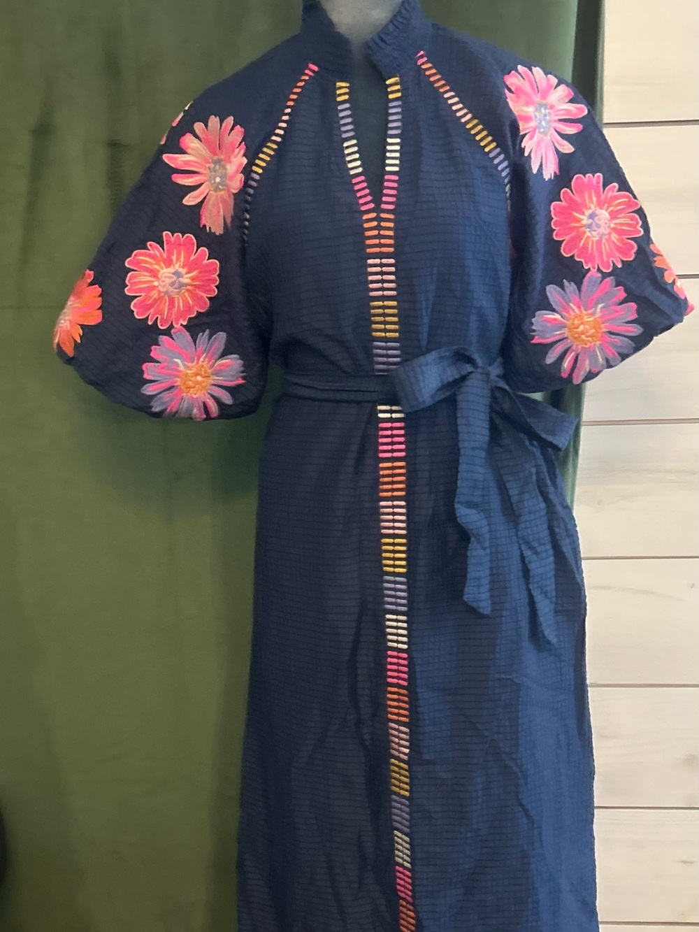 THML Navy Maxi Dress with Pink Floral Embroidery